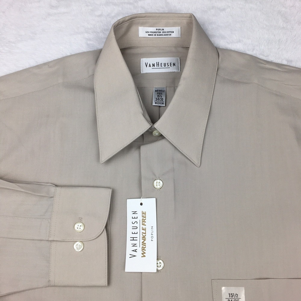 Van Heusen Dress Shirt‎ Men's M 15.5-34/35 Beige Regular Fit Wrinkle Free